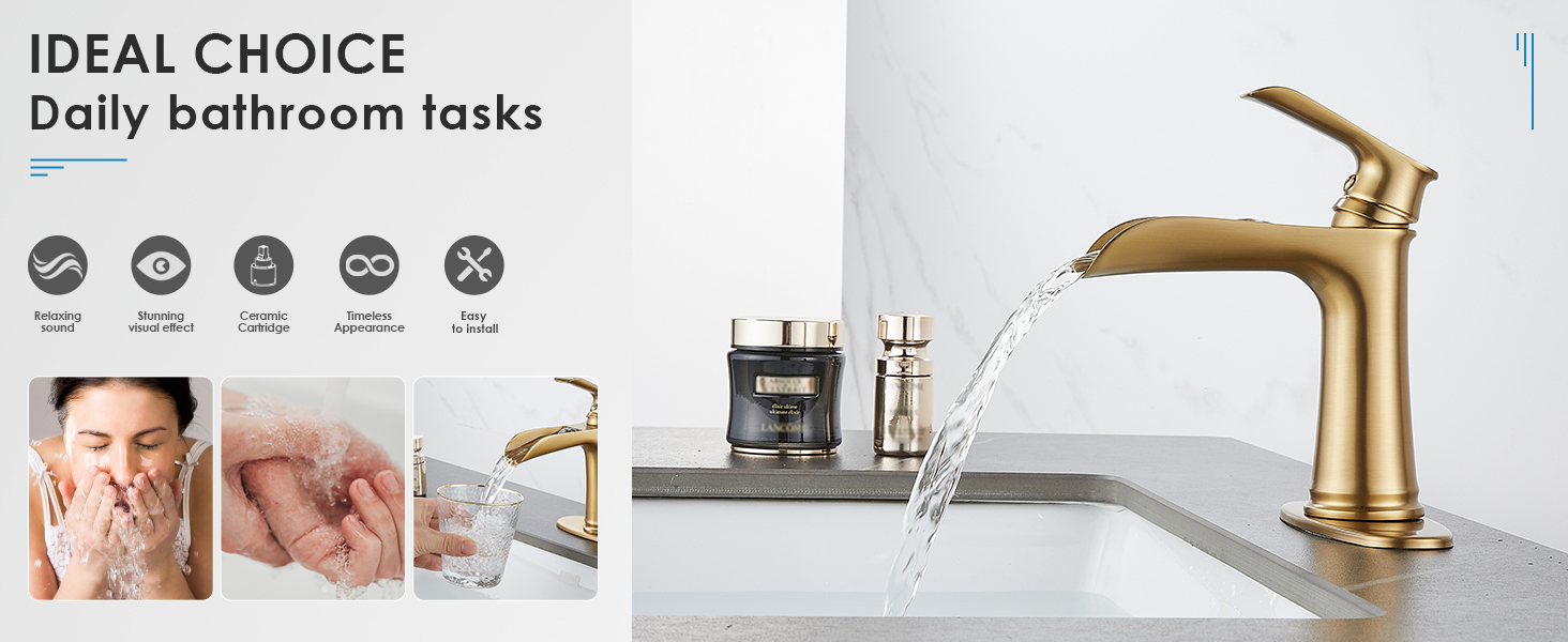 Brushed Gold Bathroom Faucet Single Hole, Modern Waterfall Bathroom