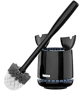 Black toilet brush and holder set with cylindrical base design. Brush features gray bristles and long handle for cleaning.