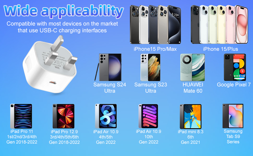 USB C Plug,20W USB C Fast Charger Plug, For iPhone Charger Adaptor UK Compatible with iPhone 16/15/14/14 Plus/14 Pro/14 Pro Max/13 12 11 X XR XS SE/Pad-1Pack 15 20W USB C Charger Plug