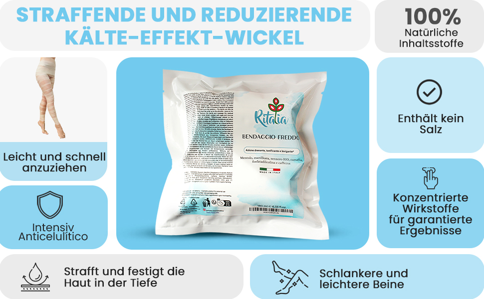Ritalia CELLULITE WICKEL BANDAGEN Wirkstoffen DRAINIERENDE BEINBANDAGEN Po Bauch Hüfte 