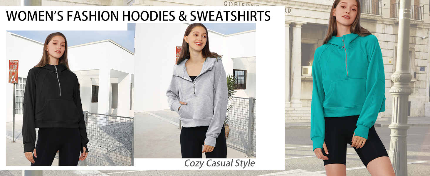 Women Half Zip Cropped Hoodie