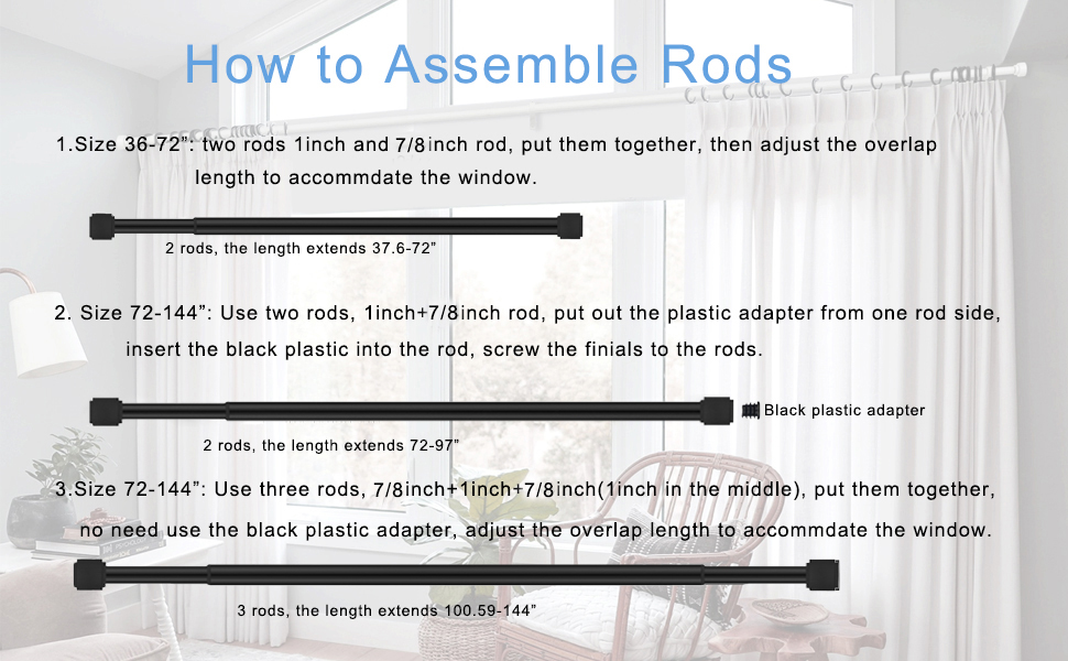 1" Curtain Rod Telescoping Single Drapery Rod 72144 Inches, With Square Heavy Duty