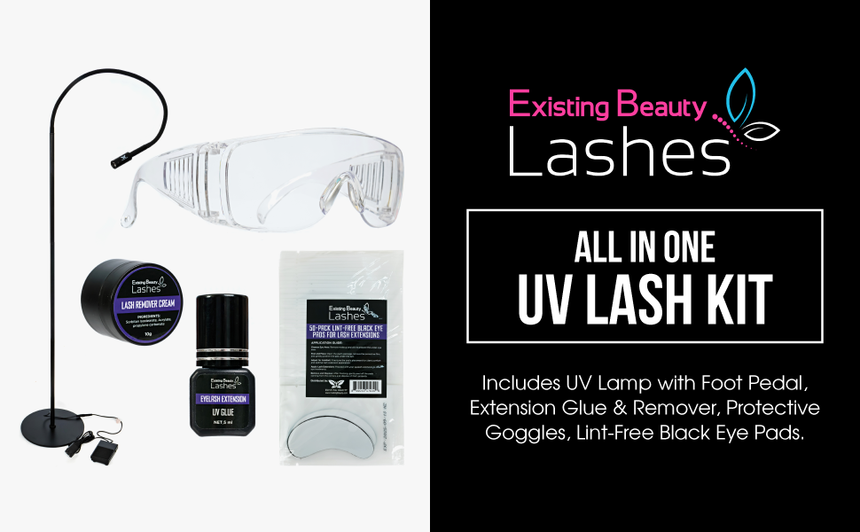 UV Lamp, Eyelash Extension Glue, Eyelash Extension Remover, Protective Goggles, Black Eye Pads