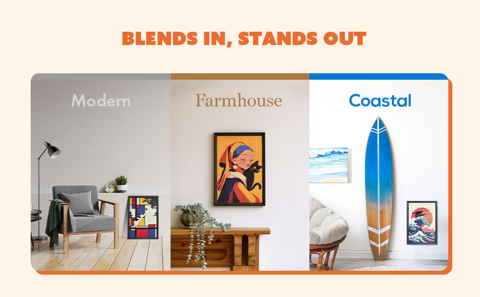 Cat scratchers displayed in modern, farmhouse, and coastal interiors, blending with different decor