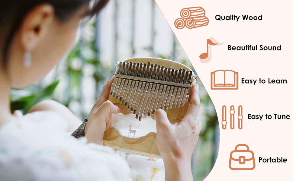 Quality wood, beautiful sound, easy learning & tuning, enjoy music moments.