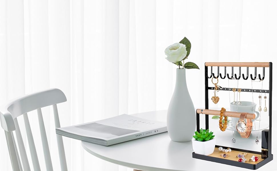 Black Metal Jewelry Stand Holder Earring Tray Necklace Hanging Rack