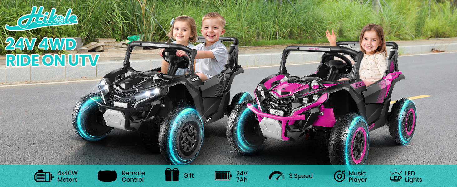 Hikole 24 Volt Kids Ride on UTV, 2 Seater OffRoad Car with Remote Control, 4WD/2WD