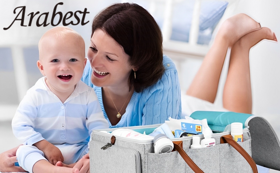 Baby Diaper Caddy Bag With Zipper Lid And Leather Handle, Grey Buy