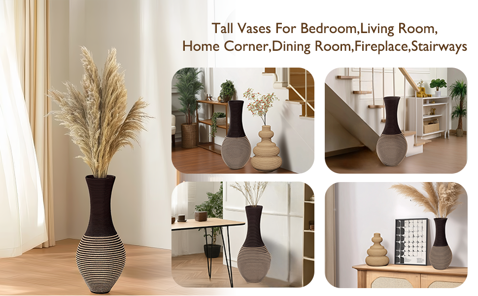 Show tall woven vases with pampas grass, ideal for various home spots like bedrooms, living rooms