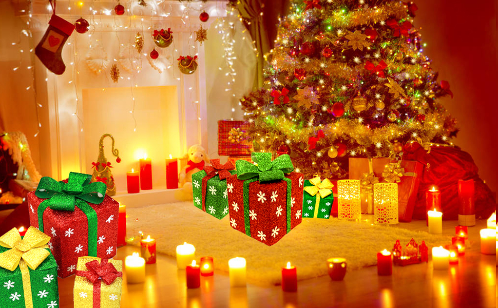 Set of 3 Lighted Gift Boxes Christmas Decorations with Bows