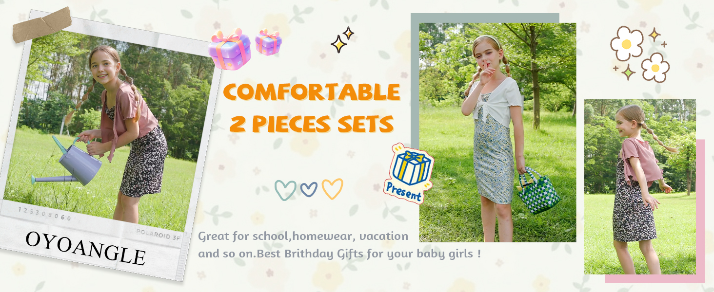 OYOANGLE Girl's Floral Print Sleeveless Cute Cami Dresses and Short Sleeve Tie Front Top Sets