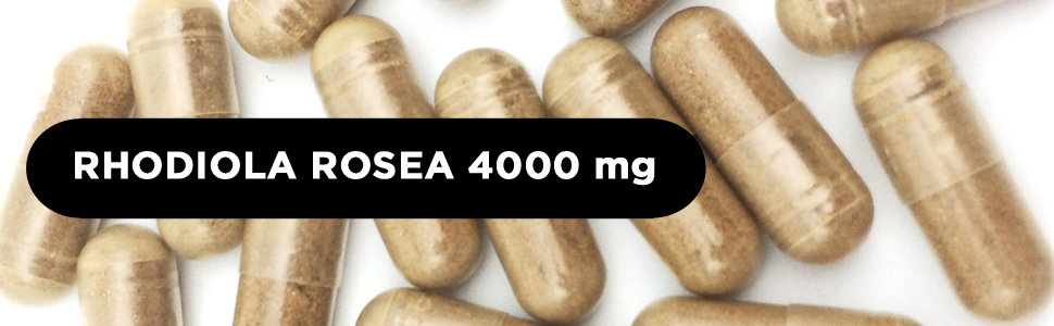 Capsules beiges multiples sur fond blanc. Le texte superposé indique « RHODIOLA ROSEA 4000 mg », indiquant