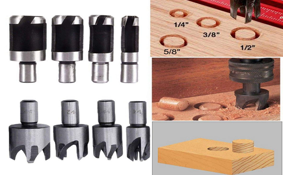 AudonMax 8pcs Wood Plug Cutter Drill Bit Set Straight and Tapered Taper