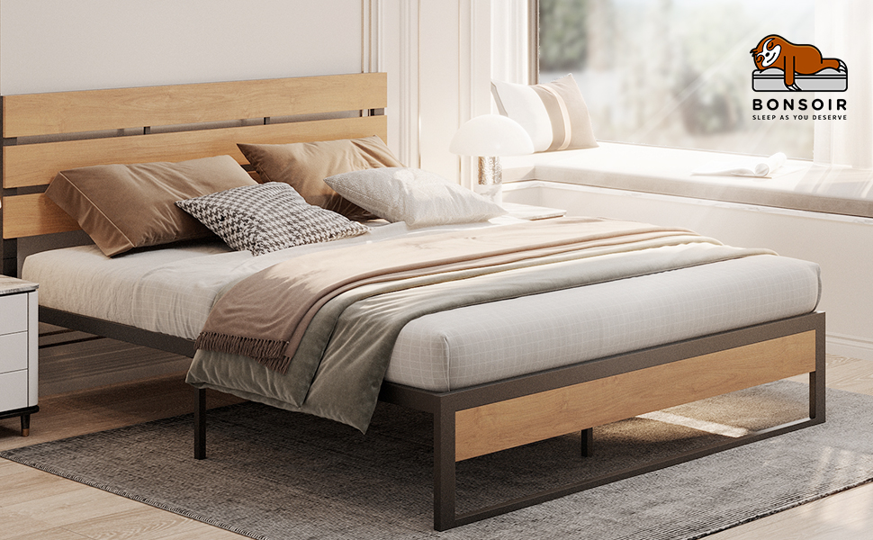BONSOIR Full Size Bed Frame Steady Steel Platform with Wood