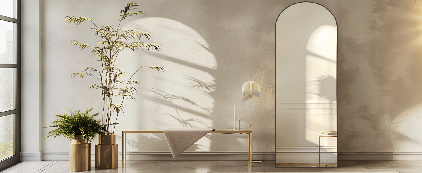 Arched Floor Mirror, Leaning Hanging Mirror with Aluminum Frame, for Living Room, Bedroom, Cloakroom, Hallway, Black