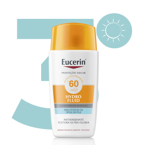 O Eucerin protetor solar facial Hydro Fluid tem textura leve e altissima proteção solar.