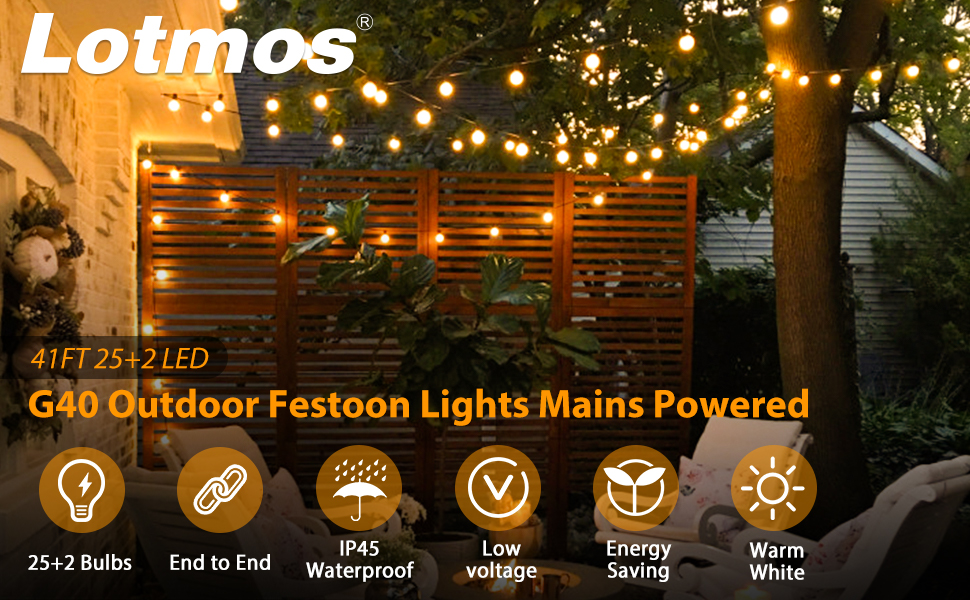 Outdoor String Lights Mains Powered, 41Ft/12.5M G40 Garden Festoon