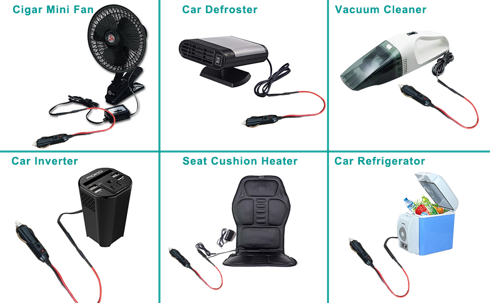 Grid of six car accessories: mini fan, defroster, vacuum cleaner, inverter, seat cushion heater, and refrigerator. All connected by red power cords.