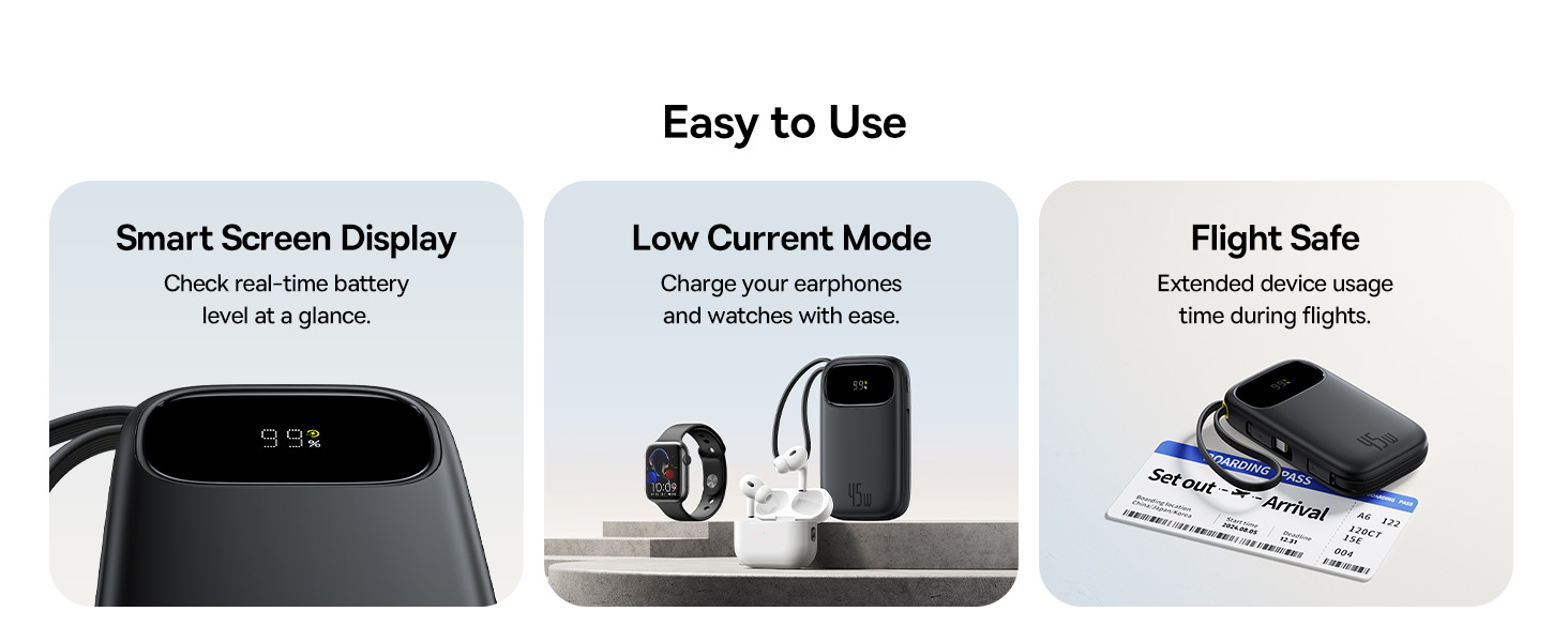 Text reads 'Easy to Use', 'Smart Screen Display', 'Low Current Mode', 'Flight Safe'. Product interface features showing three different modes with accompanying icons.