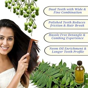 women combing her hair with neem wood comb