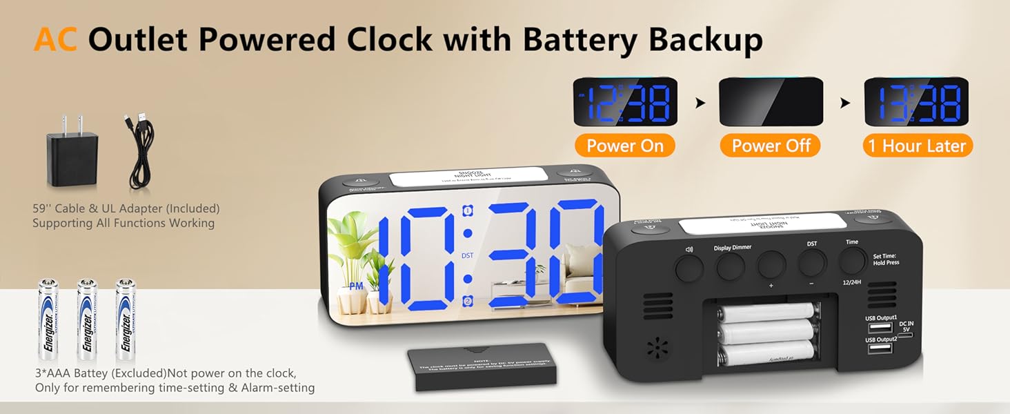 Digital Mirror Alarm Clock for Bedrooms, 7'' Large Display