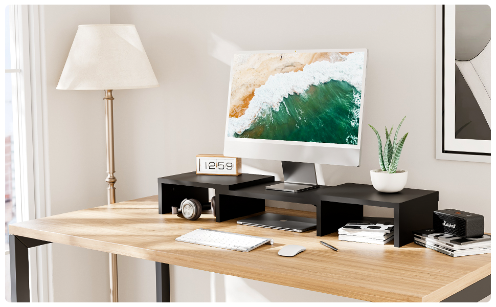 Dual Monitor Stand Riser, Wood Computer Stand for Desk with