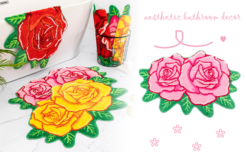 Pink Rose Bathroom Rugs Cute Flower Shaped Bath Mat Green