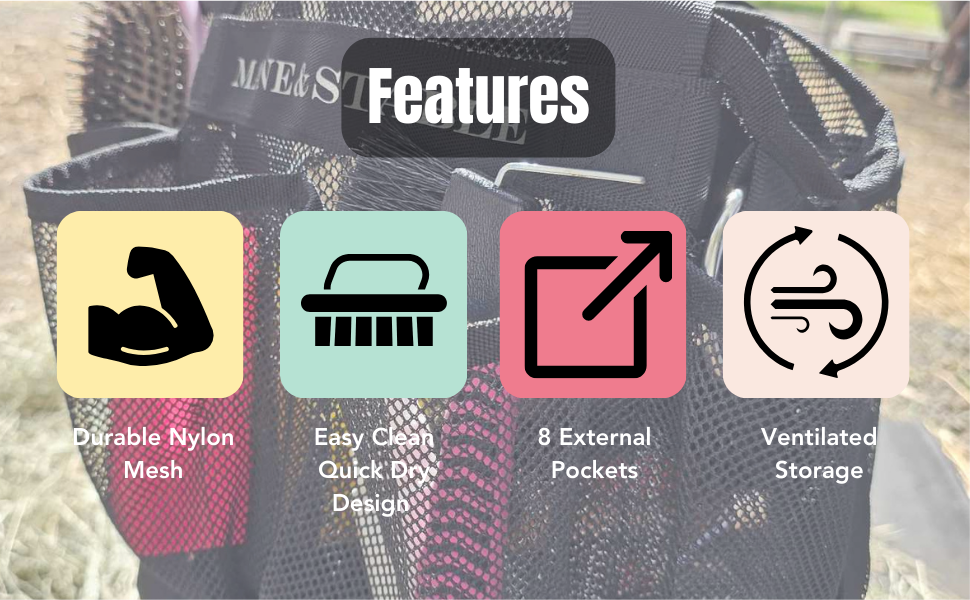 Mane & Stable horse grooming bag features - mesh fabric, easy clean, pockets, breathable