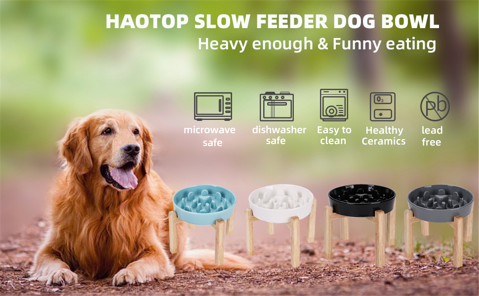 Pet Supplies Slow Feeder Dog Bowls with Wooden Stand, Ceramic Fun Slow Eater Bowl for Small