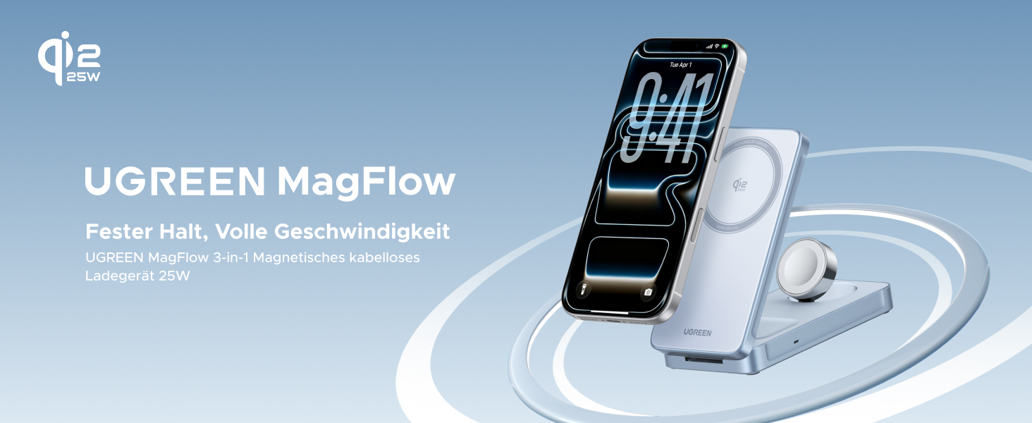 Der Text lautet „UGREEN MagFlow“. Produktwerbebanner, das ein kabelloses Ladegerät mit elegantem Design vor blauem Hintergrund mit Farbverlauf zeigt.
