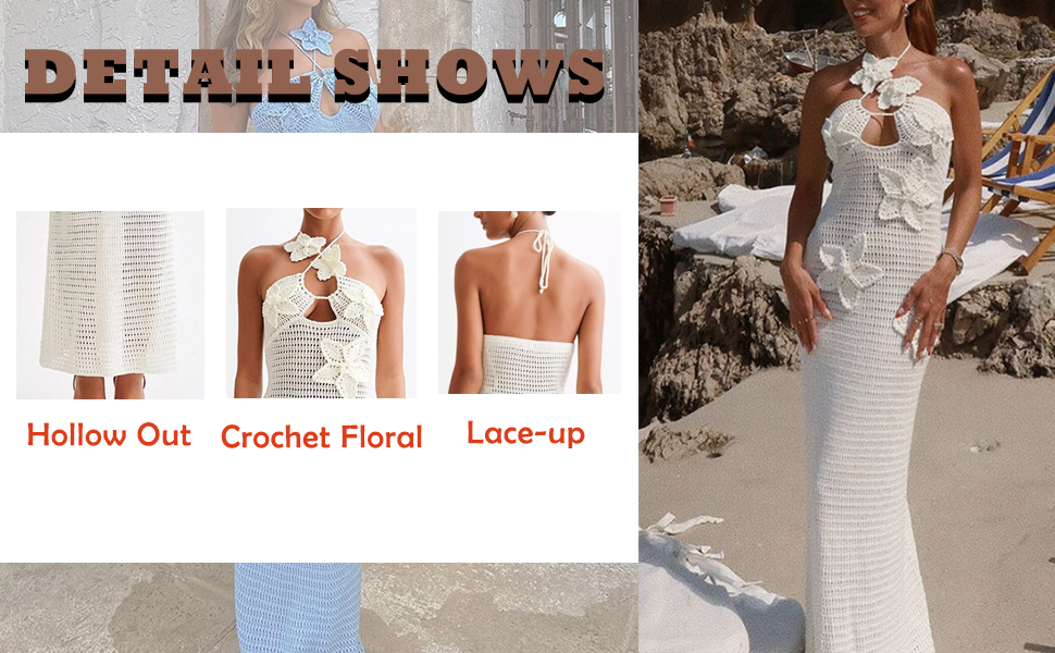 QNI Maxi Dress Crochet 3D Floral Halter Neck Backless