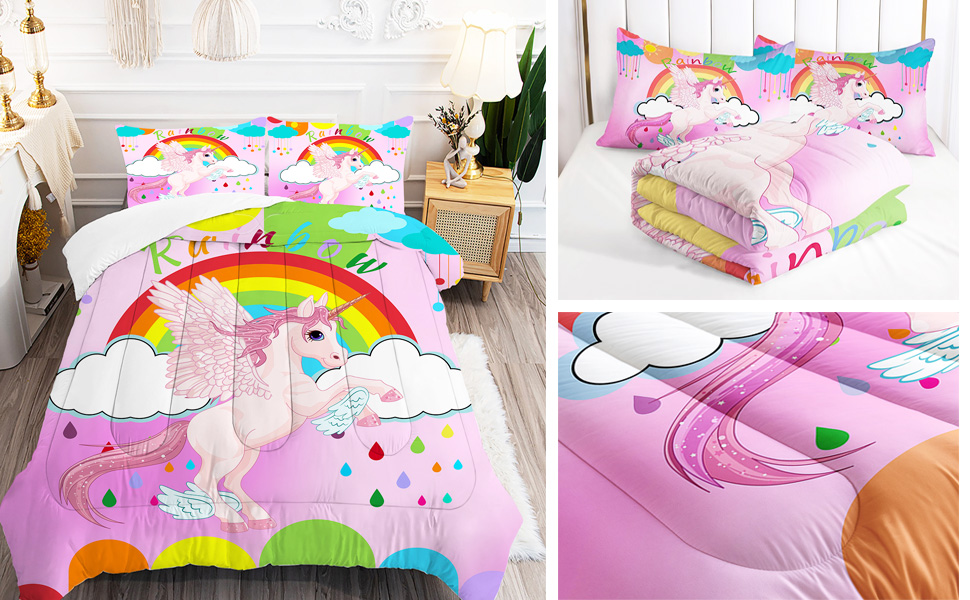 VTKON Pink Unicorn Bedding Twin Sets for Girls Cute Rainbow