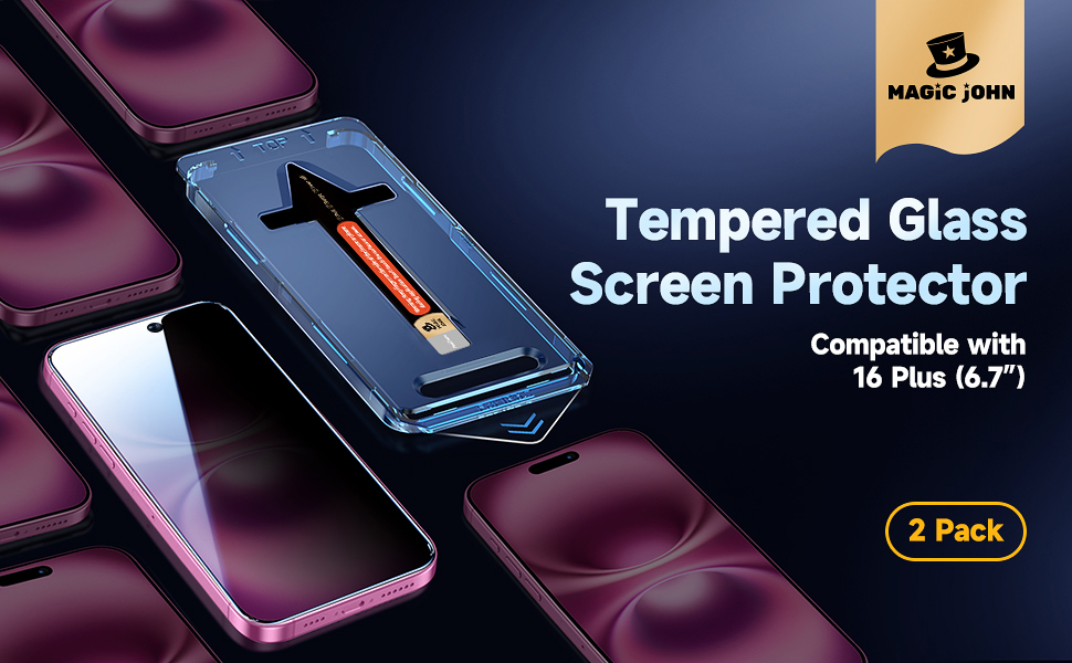 MAGIC JOHN 2 Pack for iPhone 16 Plus Privacy Screen Protector 6.7 inch, Anti Spy Tempered Glass Film, Auto Dust-Elimination Installation, Bubble Free, Case Friendly 8 iphone 16 plus screen protector privacy 16 plus tempered glass screen protector
