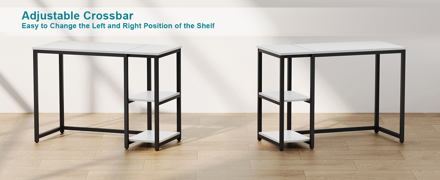 Two black metal frame desks with adjustable white shelves. The shelves can be positioned on either the left or right side within the frame, offering versatile storage options.