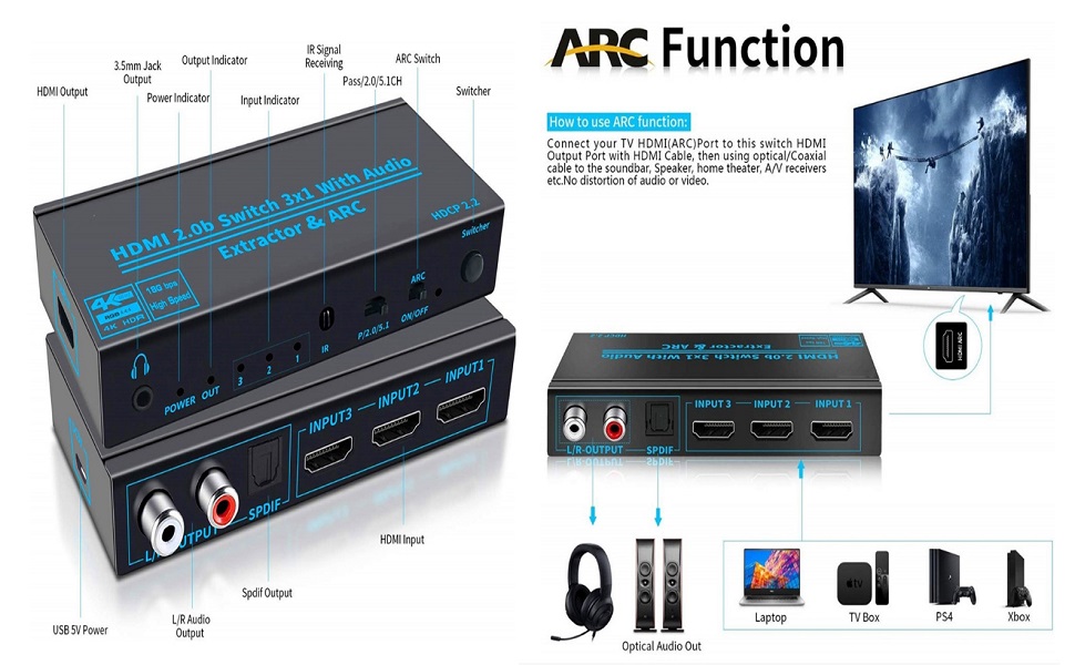 Buy 4K 60Hz HDMI 2.0b Switch 3x1 with Audio Extractor & ARC HDMI Switch