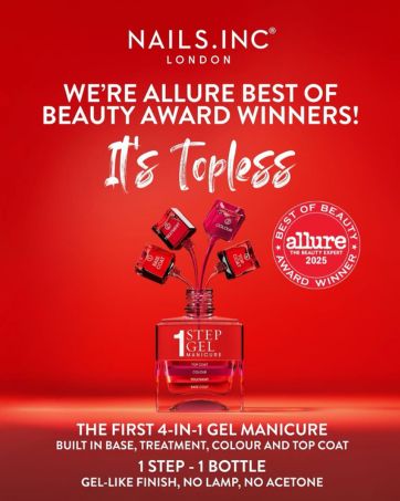 Text reads 'NAILS.INC LONDON WE'RE ALLURE BEST OF BEAUTY AWARD WINNERS It's Topless'. Red promotional image featuring nail polish bottle with Allure award seal.