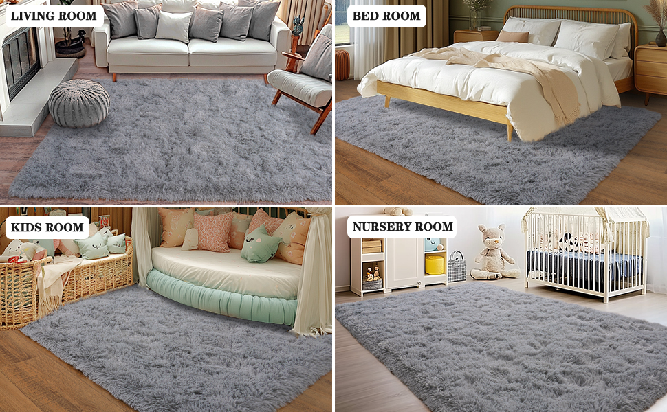 Four-panel image showcasing a plush gray area rug in different room settings: living room with sofa, bedroom with bed, kids room with daybed, and nursery with crib.