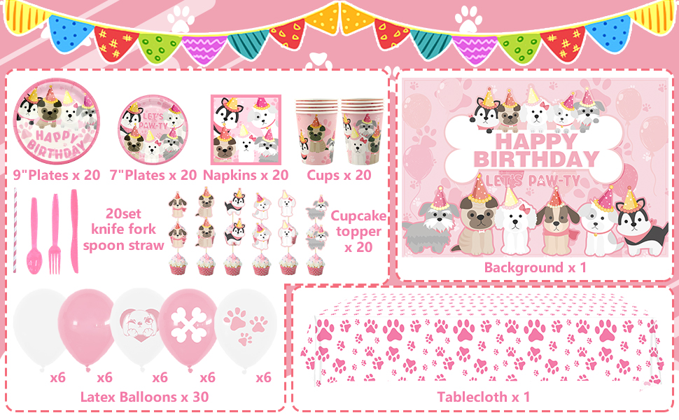 KEFAN Dog Party Supplies, Pink Dog Paw Birthday Tableware