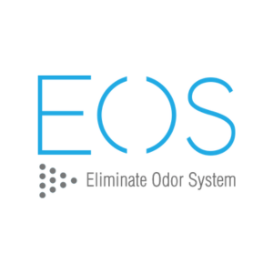 de EOS (Eliminate Odor System) en letras de color azul claro con puntos grises dispuestos en un patrón triangular en la parte inferior