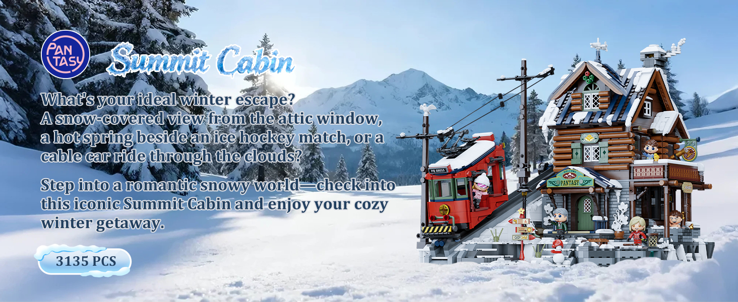 Winter resort promotional imagery showing snow-covered chalets, ski slopes, and mountain scenery with decorative snowflake elements.