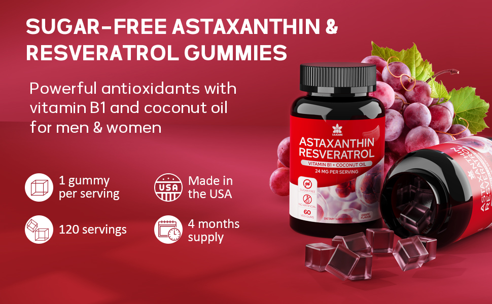 SugarFree Astaxanthin 24mg Gummies with Resveratrol 500mg
