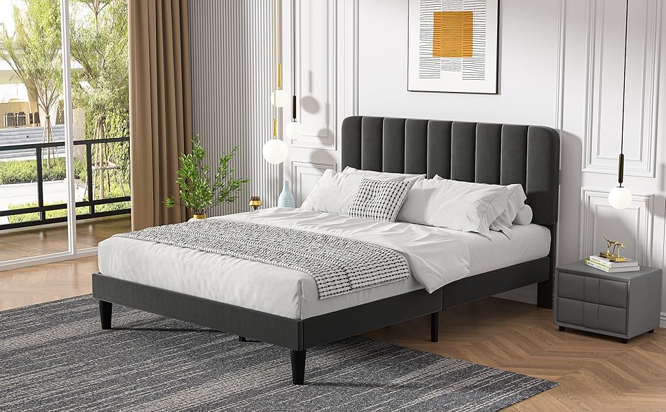 VECELO Full Size Upholstered Bed Frame with Adjustable Headboard