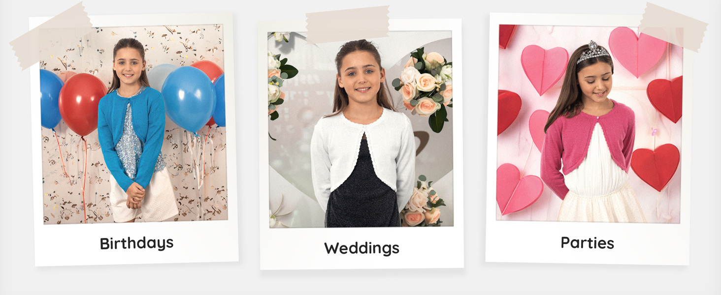 Three-panel image showcasing girl's clothing for different occasions: blue outfit with balloons, white jacket for weddings, and pink top for parties.