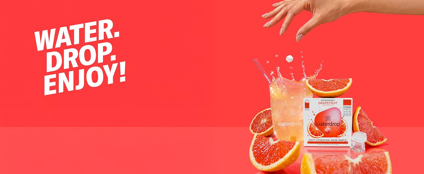Banner promocional rojo con texto blanco que dice «AGUA. CAER. ¡DISFRUTA! ' con gráficos de Beverage Splash.