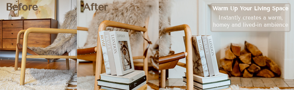 Left: Before image of empty chair; Right: After image of chair with decorative books and fireplace