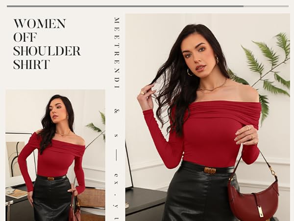 Meetrendi Womens Off Shoulder Tops Sexy Long Sleeves Spring