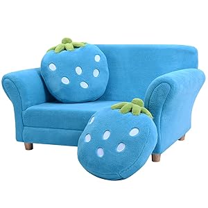 RELAX4LIFE Canapé Enfant 2 Places Avec Rembourrage En Éponge, Surface Peluche De Corail, Fauteuil Sofa Avec 2 Oreillers En Forme De Fraise Pour 3-7 Ans, 90X53X48 CM, Rose/Bleu (Bleu) 18 1