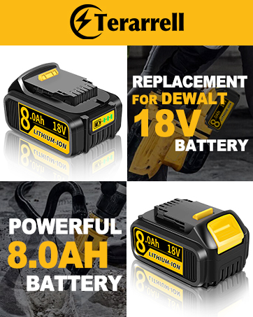 Ferarrell 18V replacement battery for DeWalt tools, featuring 8.0Ah capacity with black and yellow design showing multiple product views.