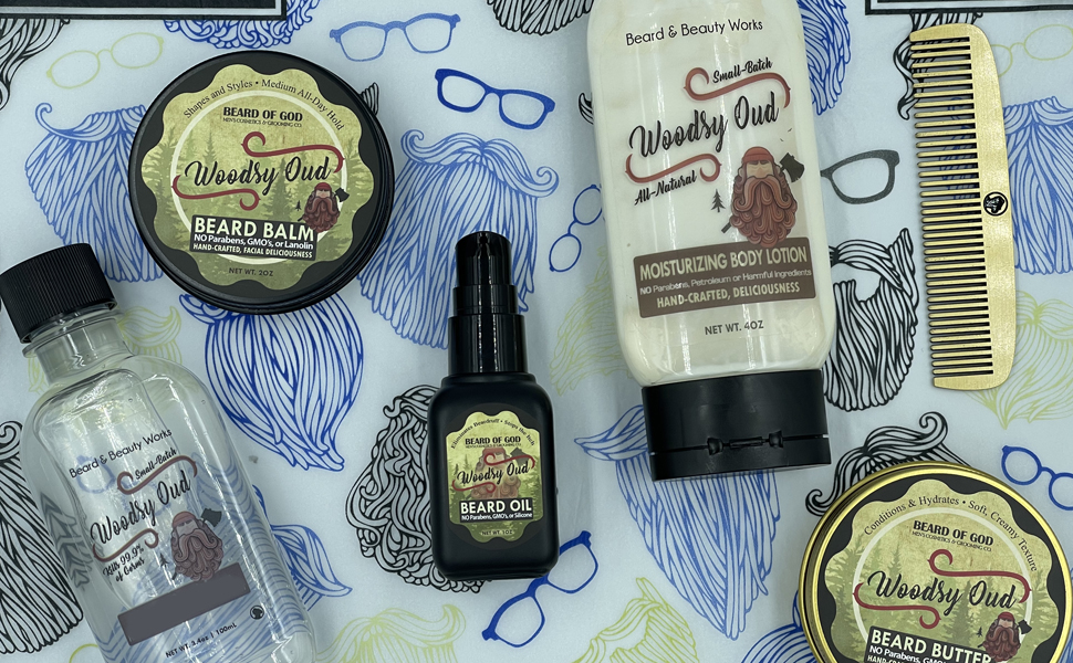 image showing beard products in woodsy oud scent by beard of god, oil, balm, butter, lotion