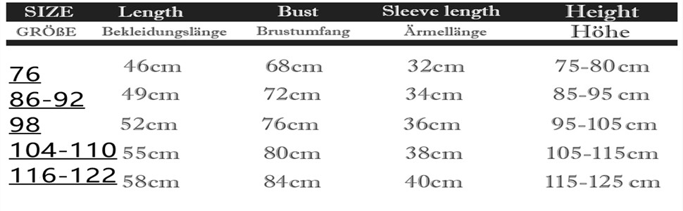 Size chart for clothing, showing measurements for length, bust, sleeve length, and height across six size categories from 76 to 116-122.